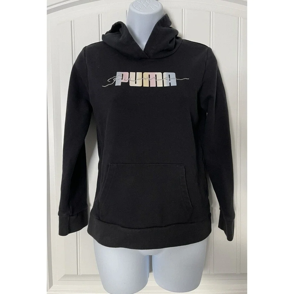 Puma Girl Size Large 14/16 Black Logo Graphic Long Sleeve Hoodie Sweater
